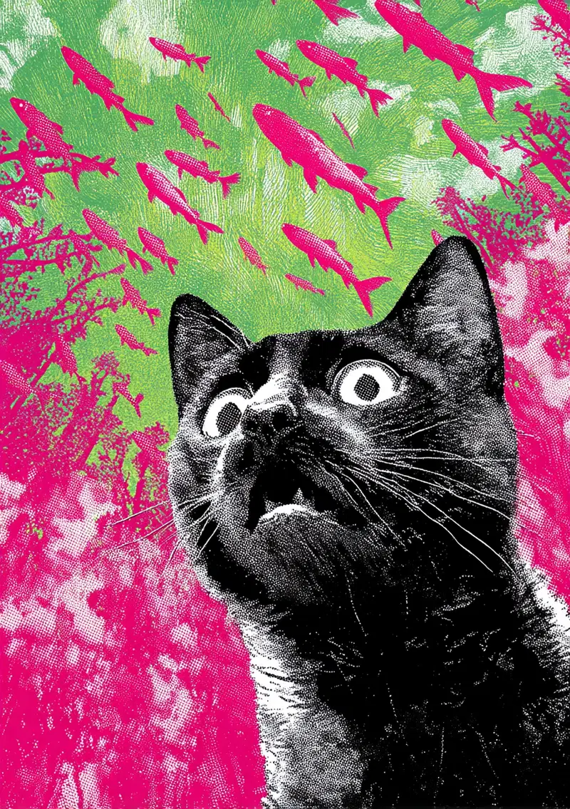 Psychedelic Cat Pop Art with Colorful Fish Rain Decor Inspiration