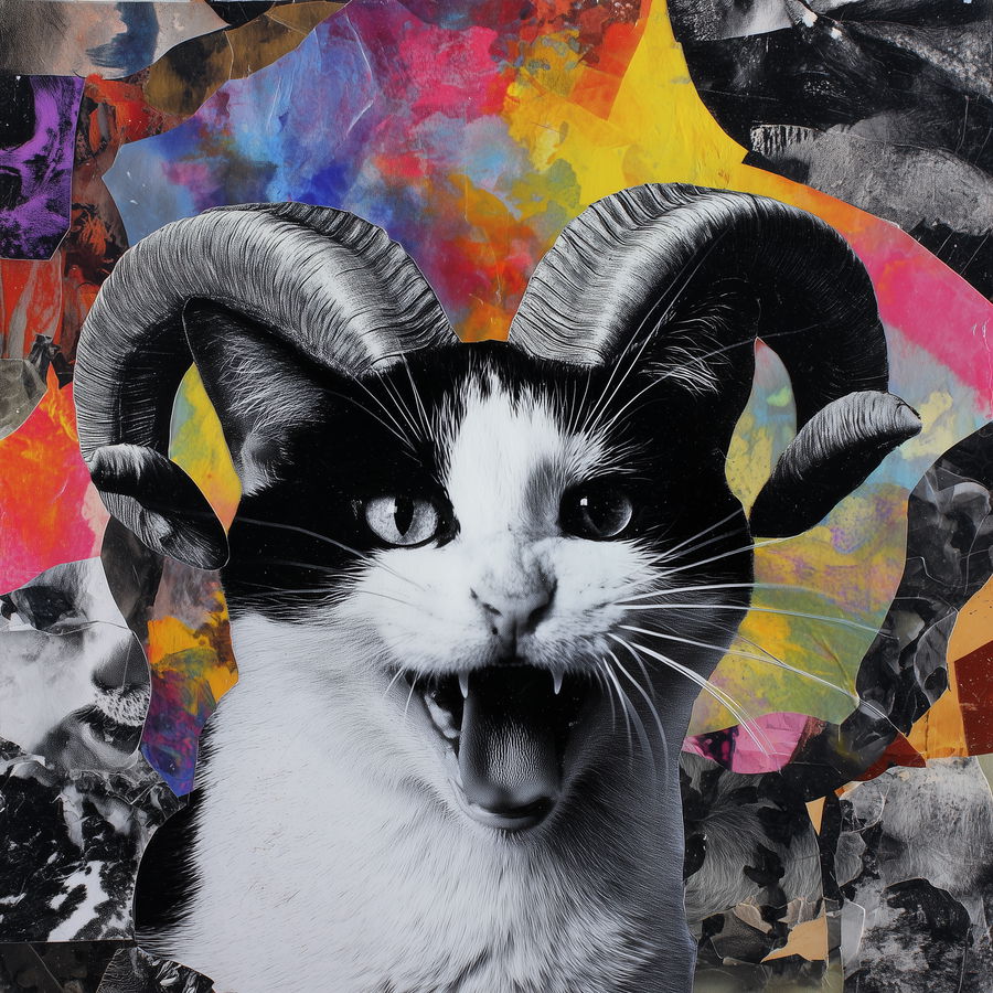 Cat with curly horns and fangs on colorful collage background
