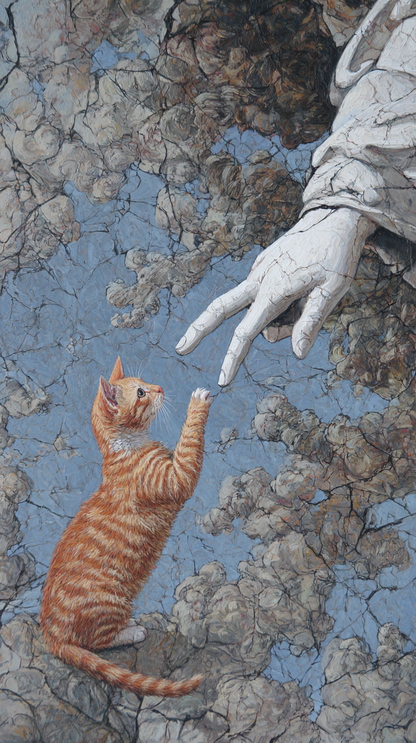 Cat reaching for divine hand in textured sky