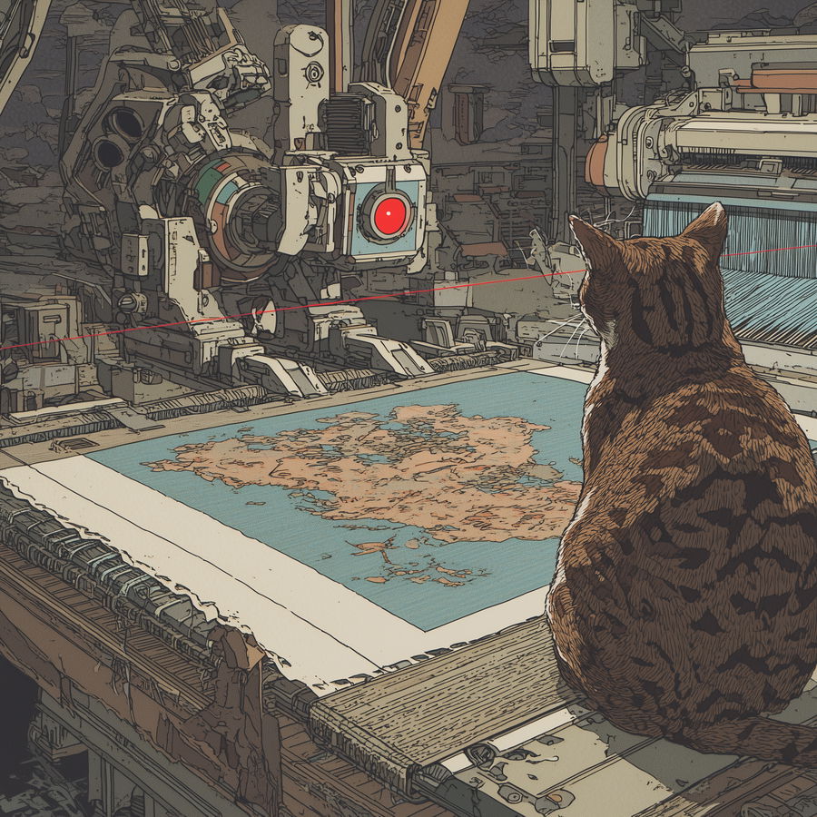 Brown tabby cat watches futuristic loom weaving Earth-patterned cloth