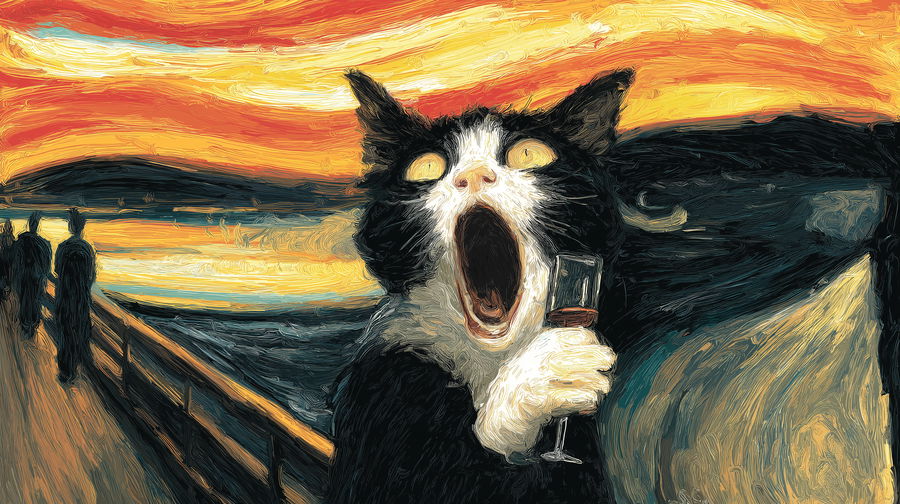 Cat resembling "The Scream" holding a wine glass