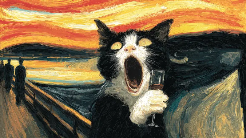 Whimsical Cat Art with Wine Glass: Unique Home Decor Inspiration