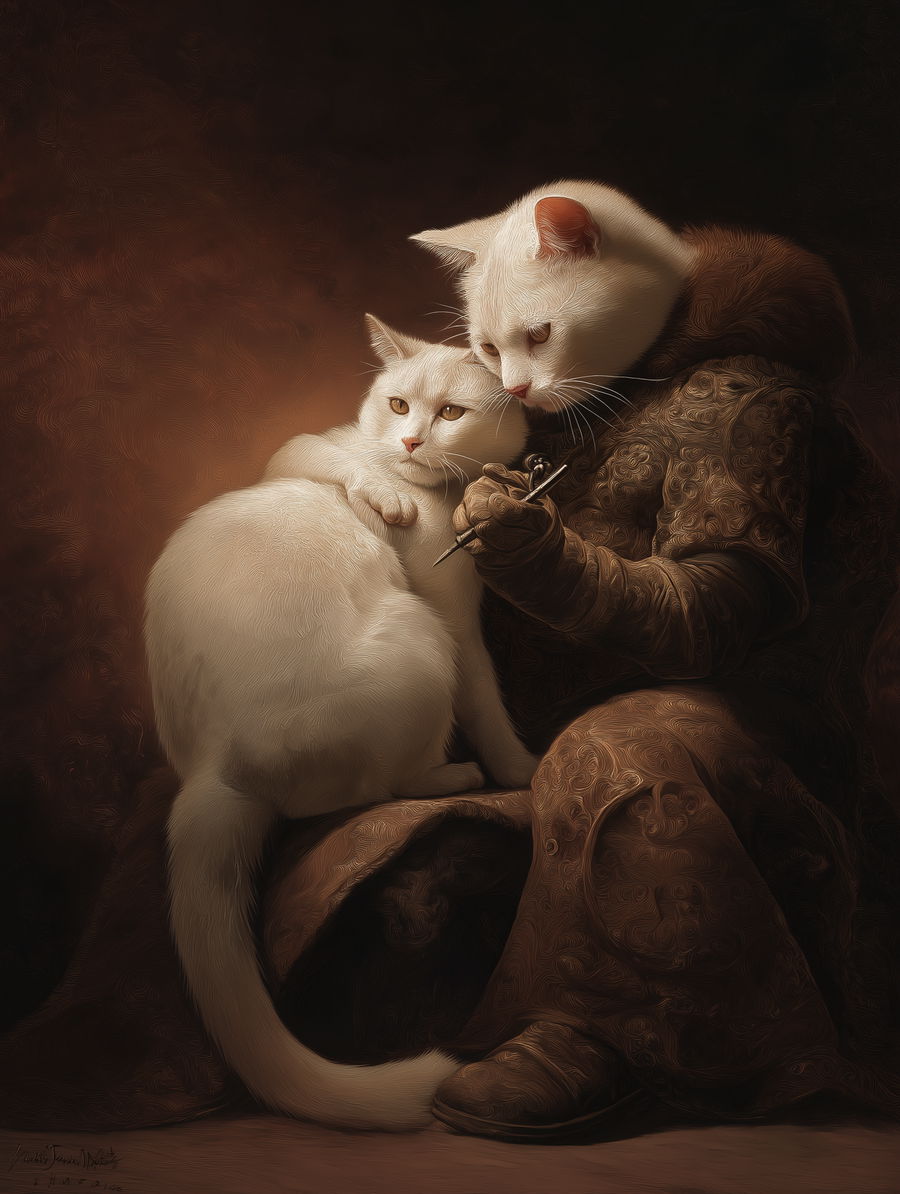 Renaissance painting of cats tattooing each other with rich textures