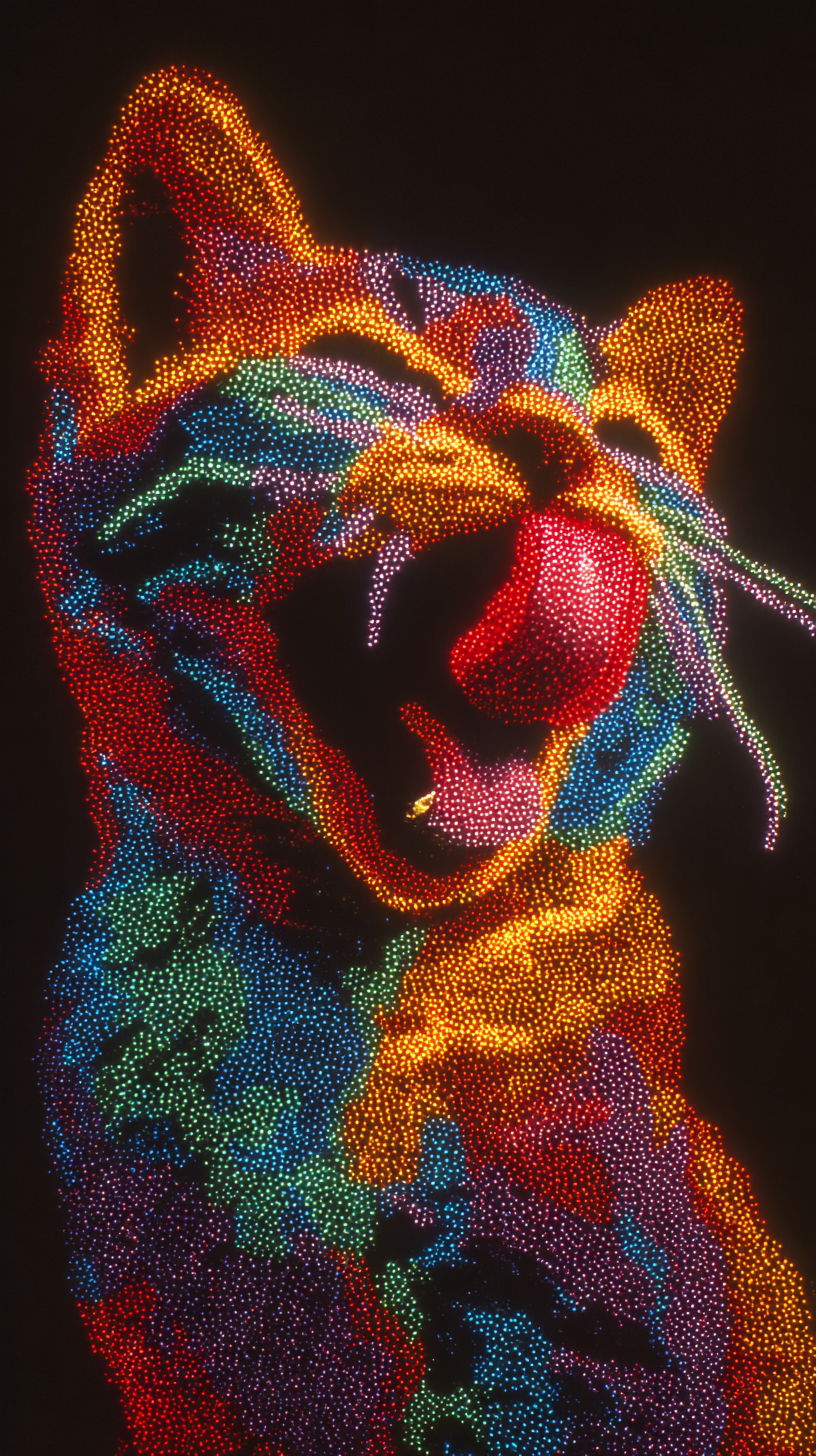 Cat licking in colorful Lite Brite art display