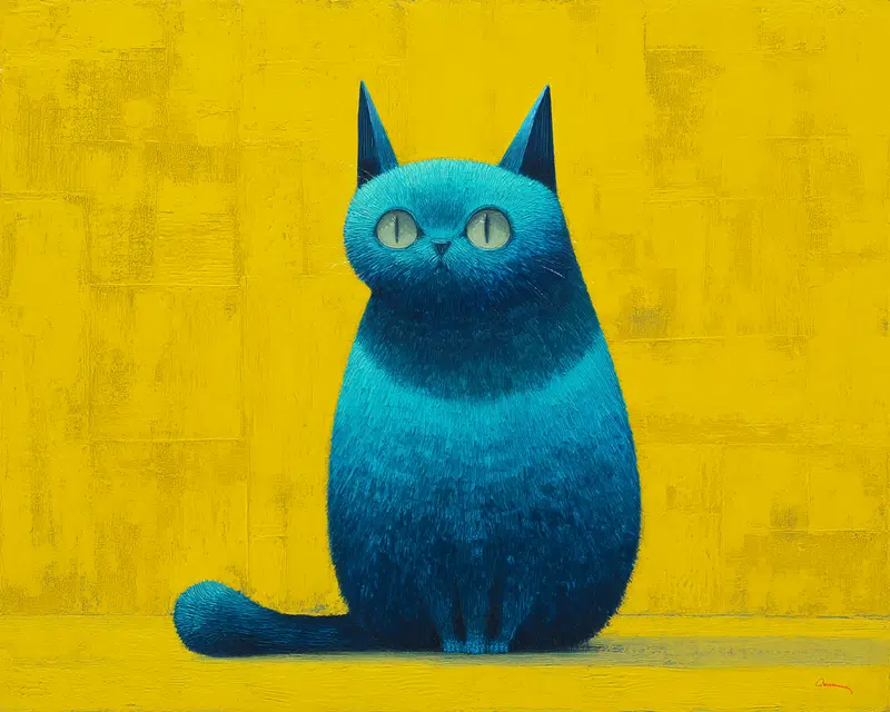 Whimsical Blue and Yellow Cat Oil Painting Decor Inspiration