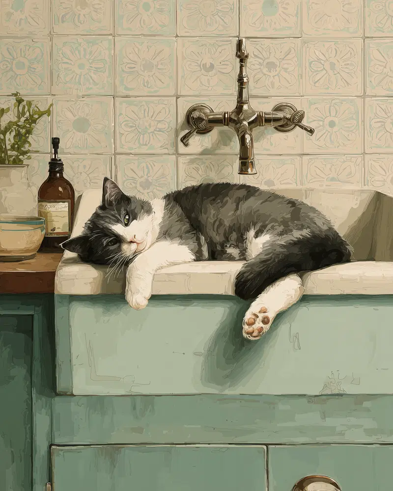 Whimsical Cat Decor Ideas for a Pastel Farmhouse Bathroom
