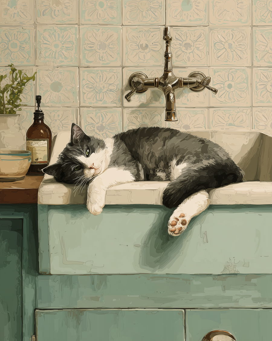 Whimsical cat lounging in sink with paw over faucet