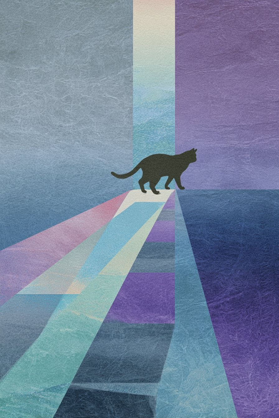 Cat walking near Statue of Liberty in serene geometric landscape