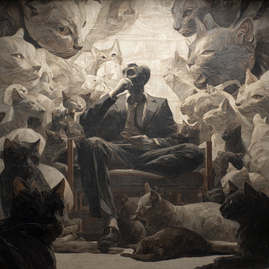 Colorful painting of cats in a whimsical landscape