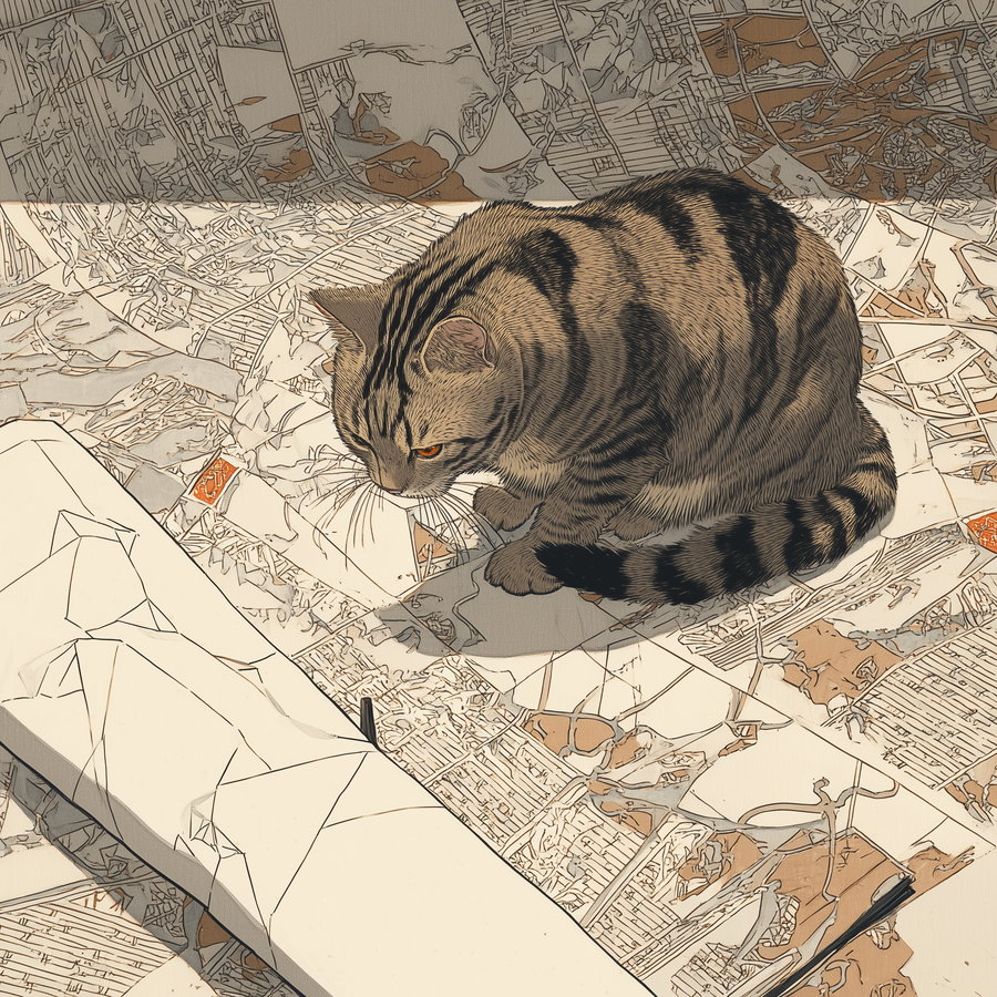 Brown tabby cat studies sumi-ink glyphs on emakimono