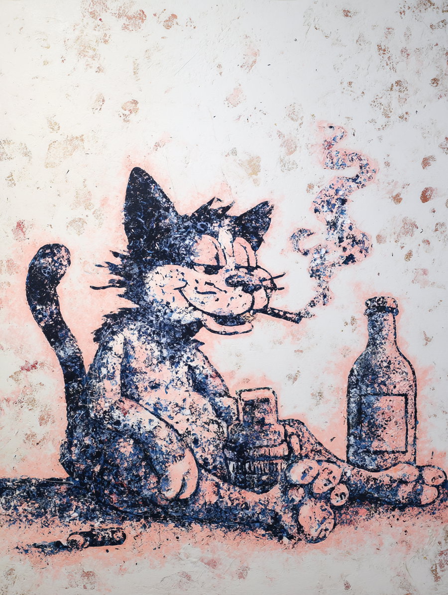 Anthropomorphic cat lounging beside milk bottle and smoking
