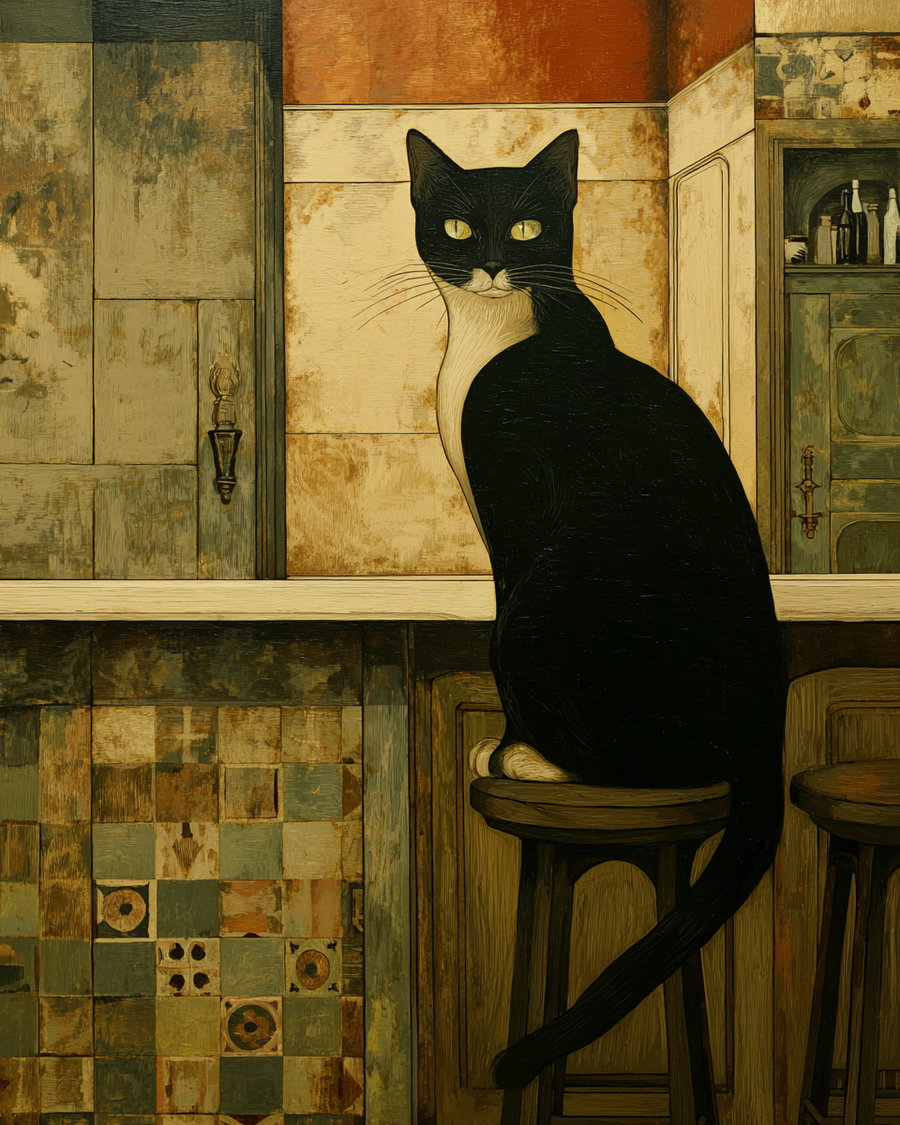 Stylized cat in John Brack's artistic style with vibrant colors