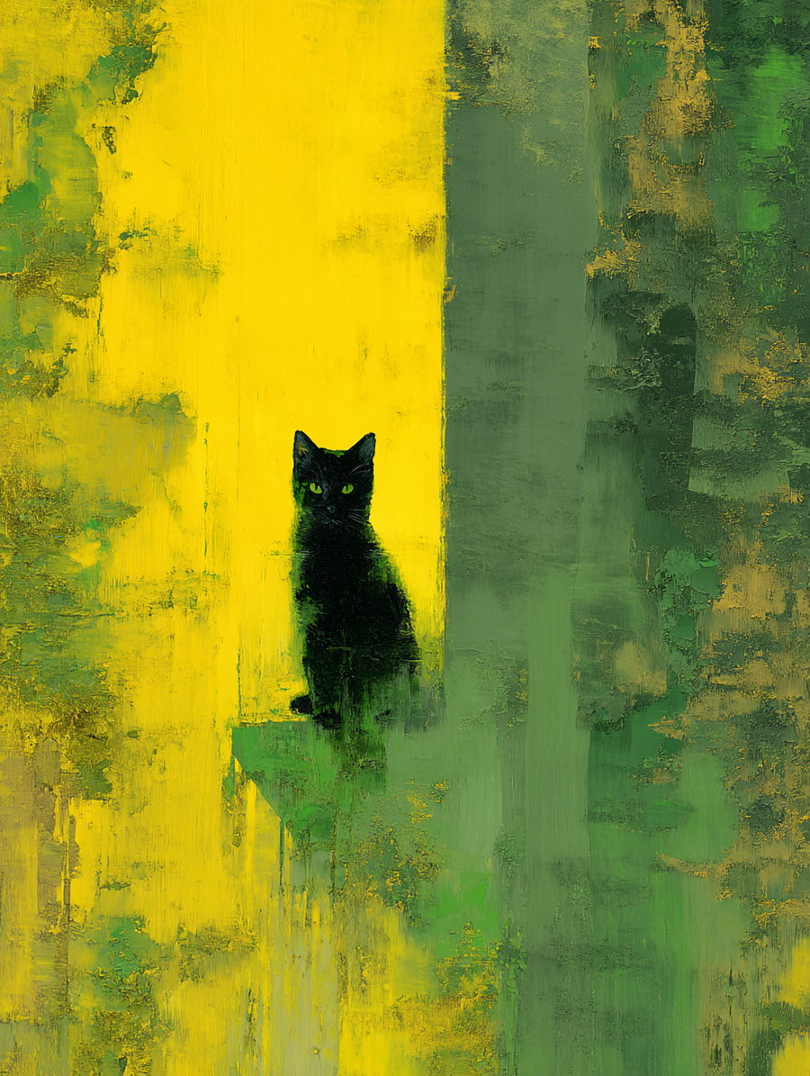 Abstract cat painting in yellow and green hues