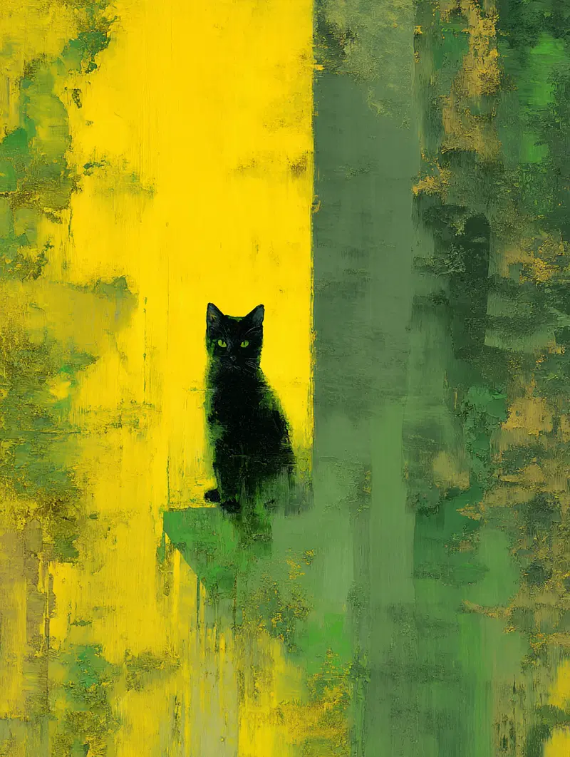 Abstract Cat Painting in Yellow and Green for Minimalist Decor