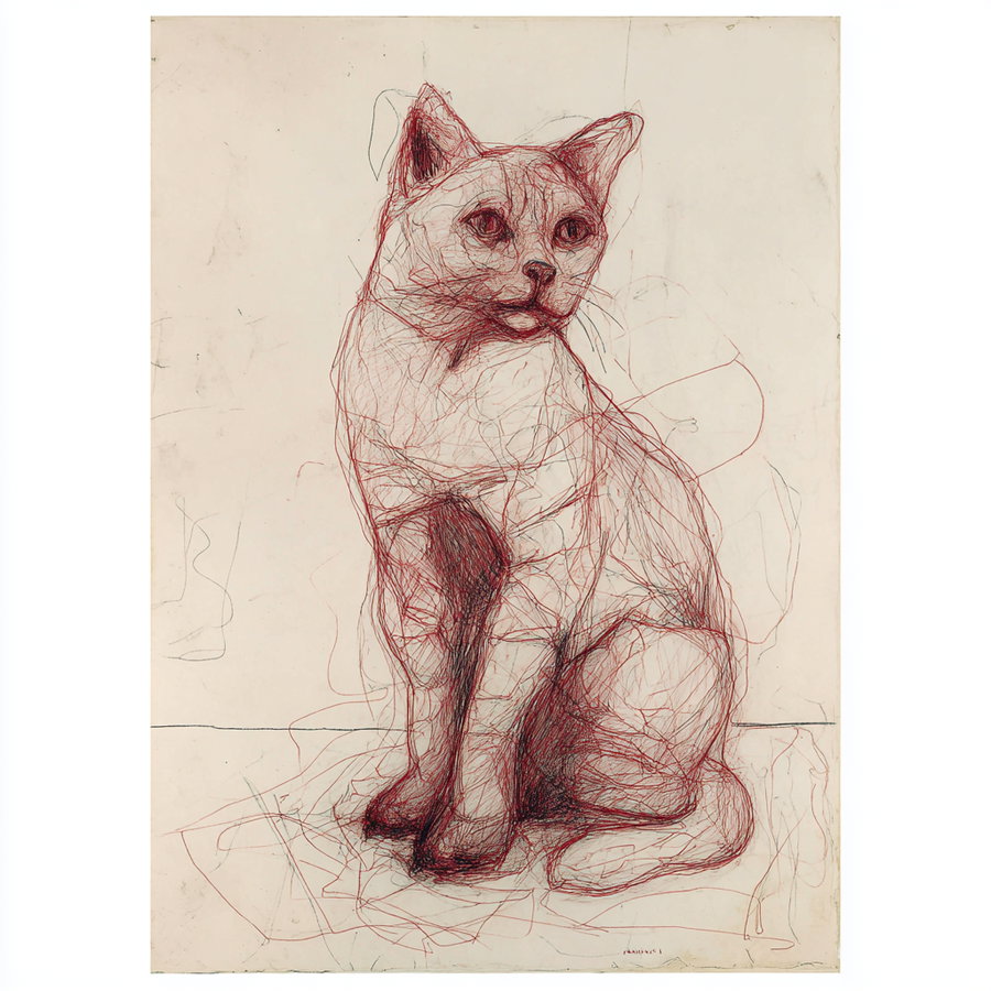 Expressionistic cat drawing with vibrant colors and thick brushstrokes