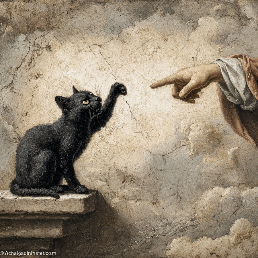 Angry black cat mimics Adam in Renaissance fresco parody