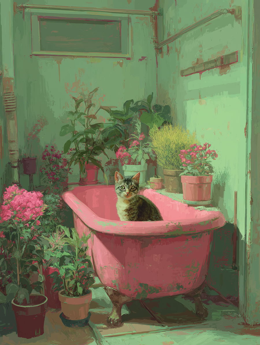 Cat in pink bathtub surrounded by plants and flowers