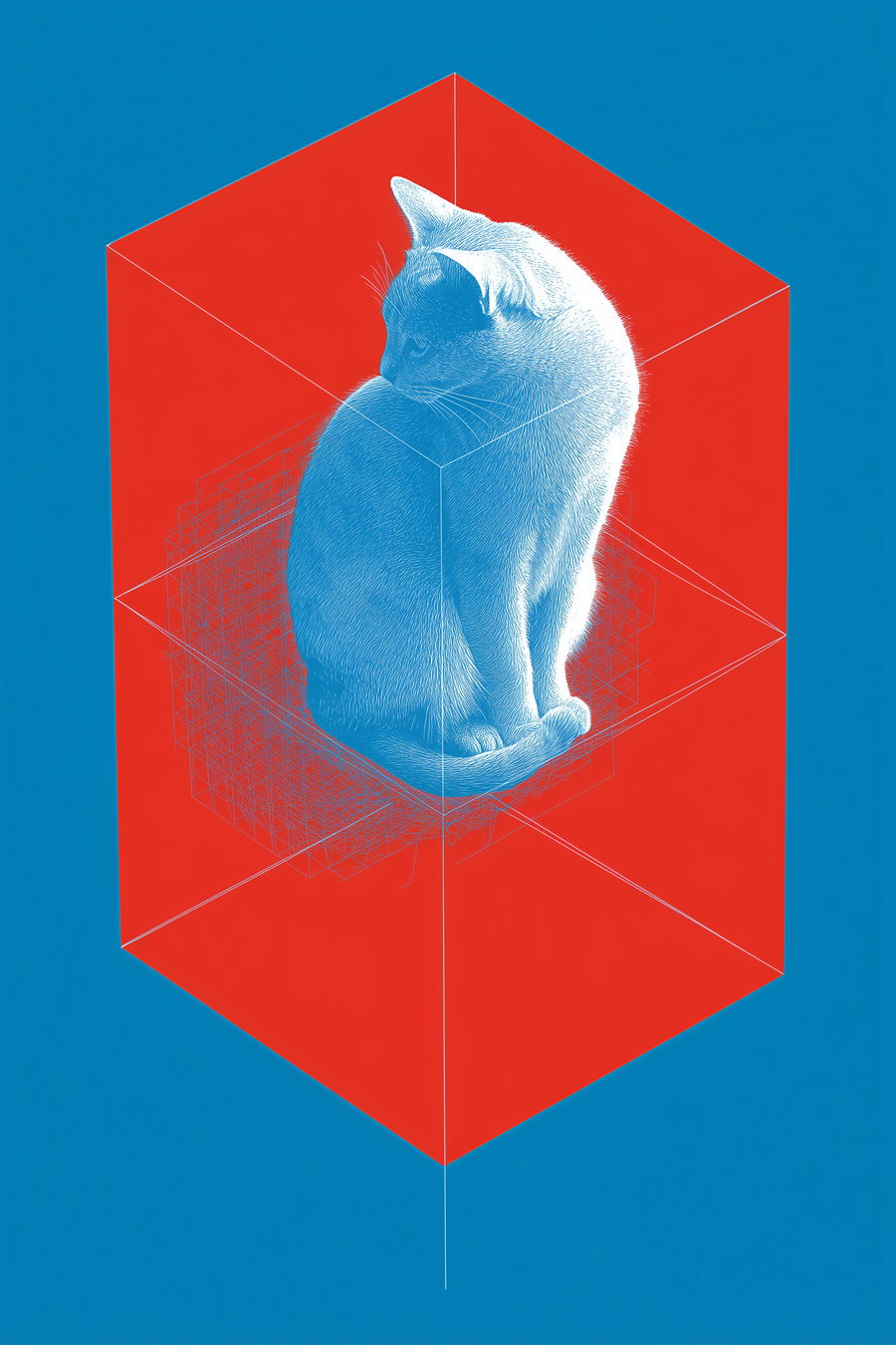 Cat sitting in a geometric box design illustration