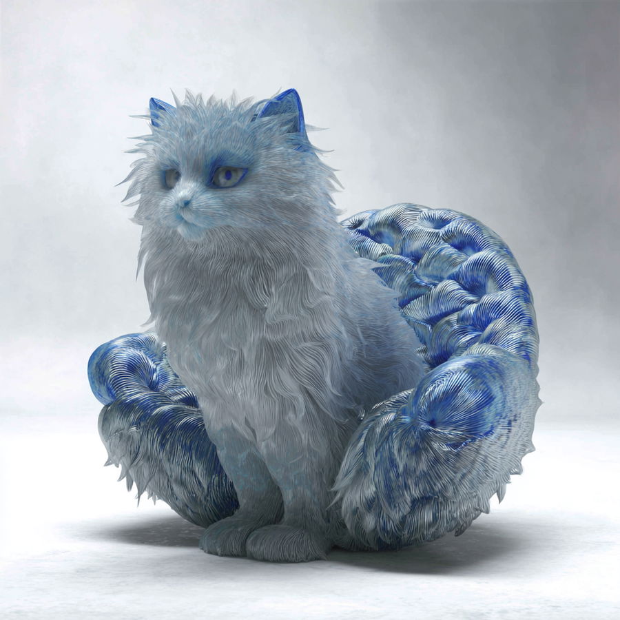 Soft fluffy cat-shaped chair in a surreal photorealistic setting