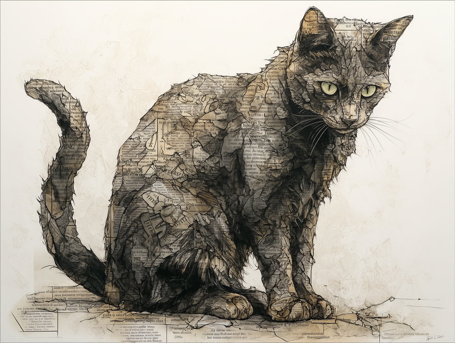 Cat-shaped collage of torn newspaper clippings with realistic pencil details