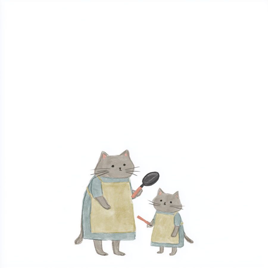 Mother cat and kitten cooking together in aprons