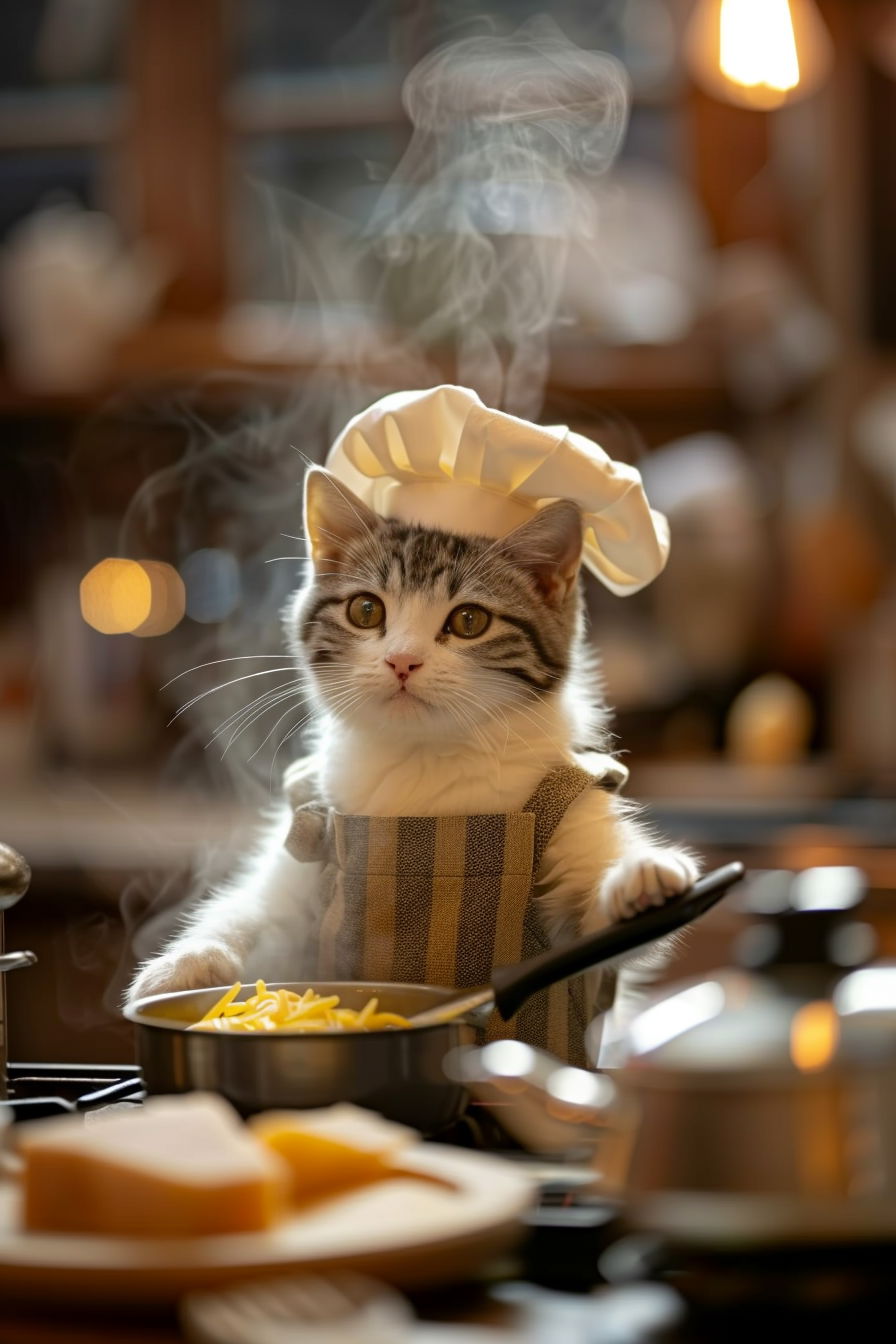 Cat chef cooking pasta in cozy kitchen with steam