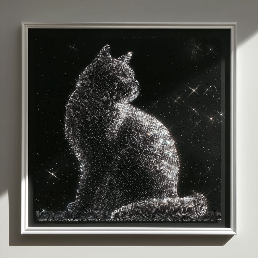 Diamond painting of a cat silhouette on black paper