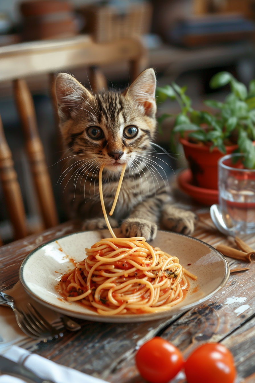 Cat dining at table, eating spaghetti in cozy restaurant