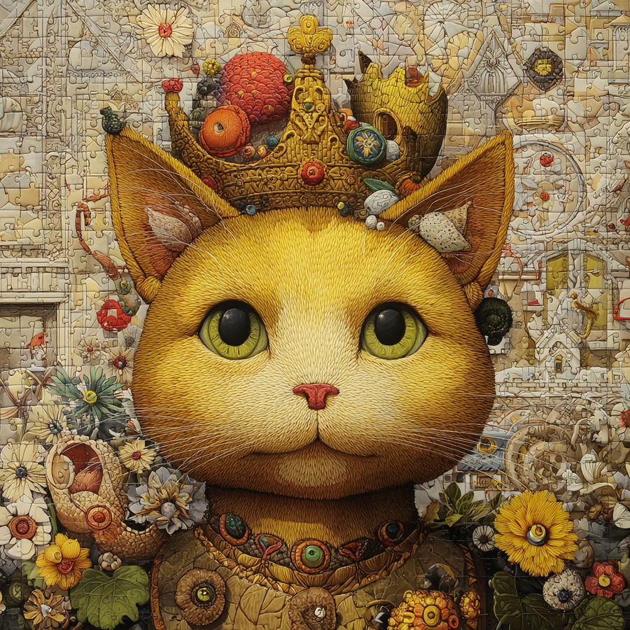 Yellow cat in a whimsical fairytale setting