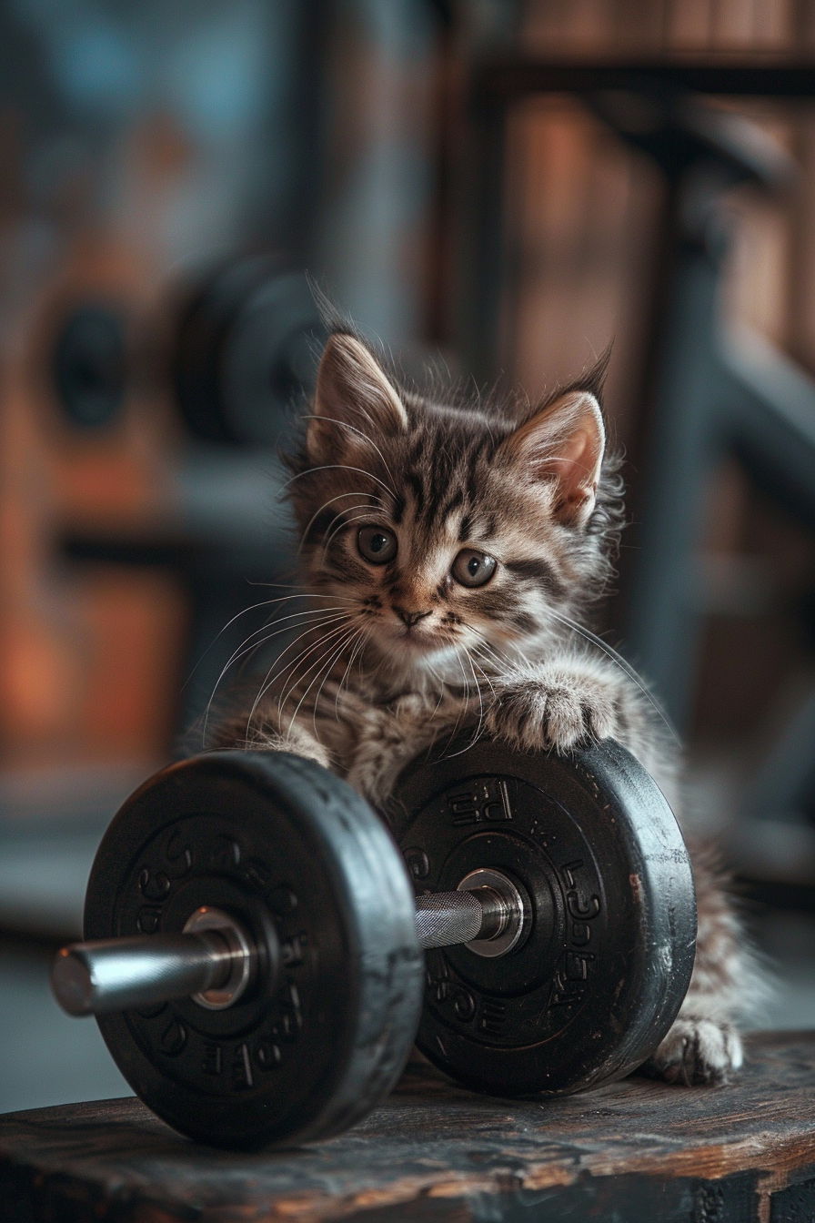 Cat lifting dumbbells in a bright modern gym