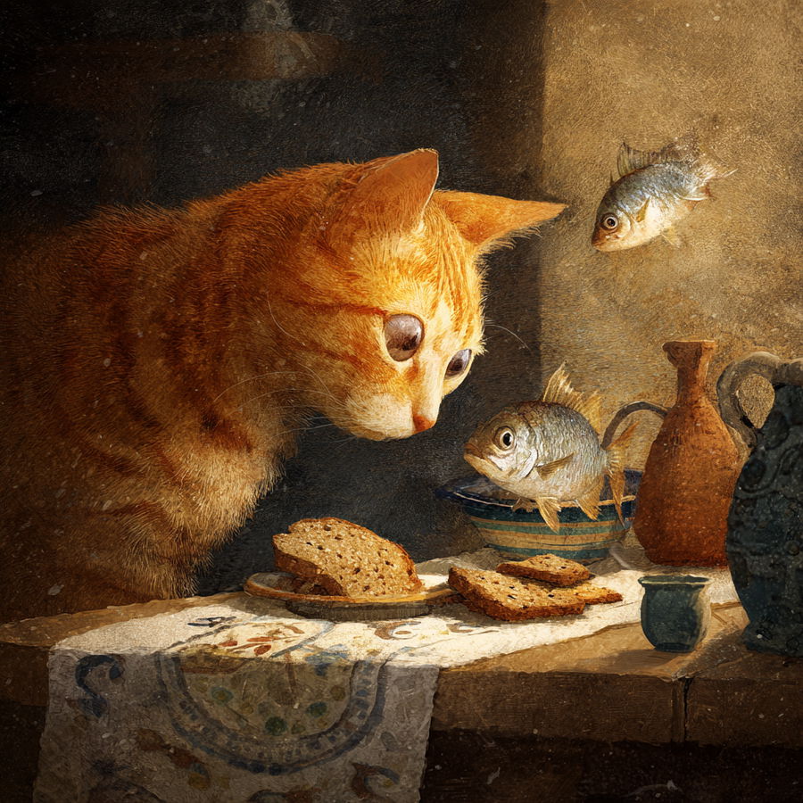 Cat stealing bread from kitchen table with cookies and fish