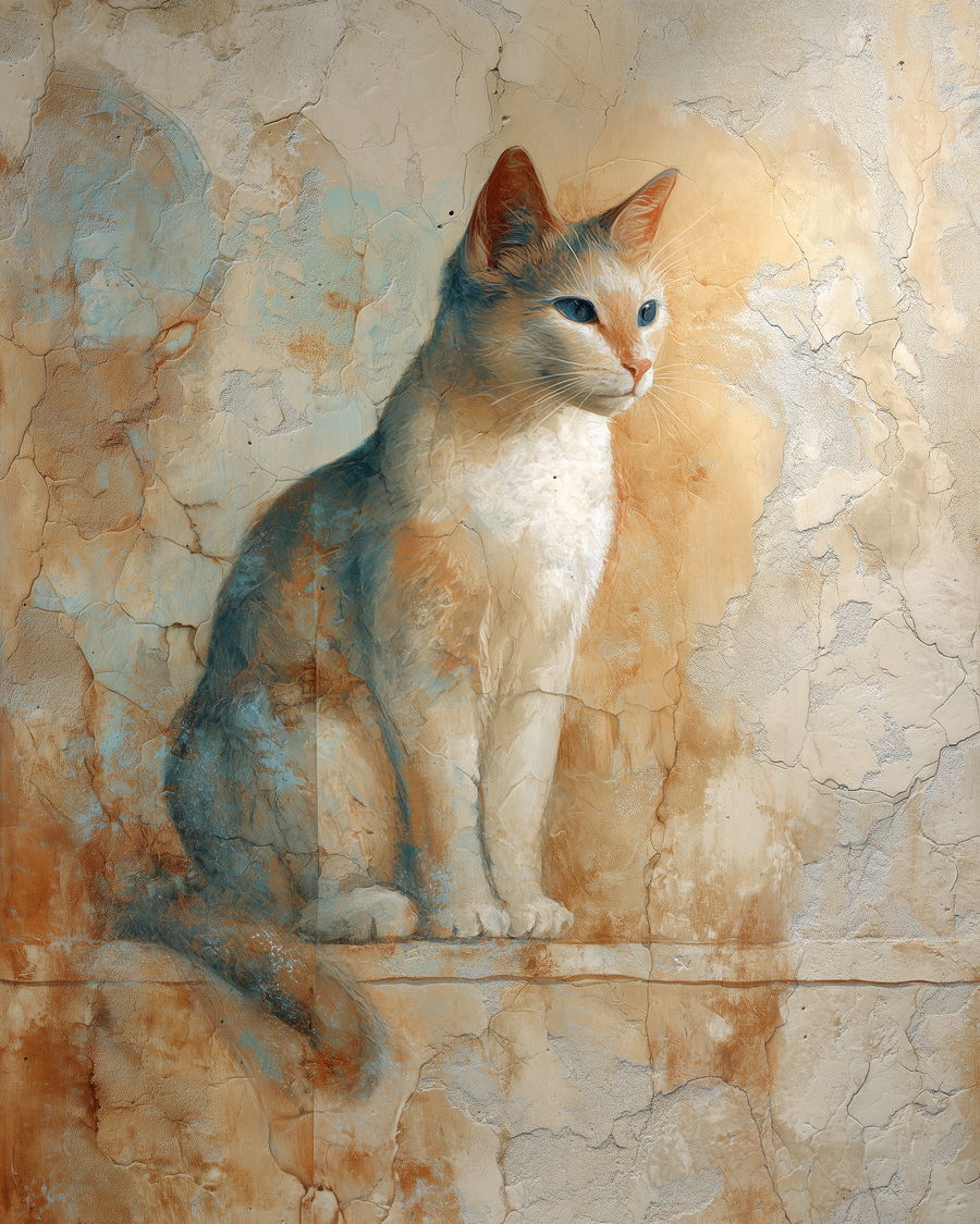 Serene cat fresco on weathered plaster wall in warm tones