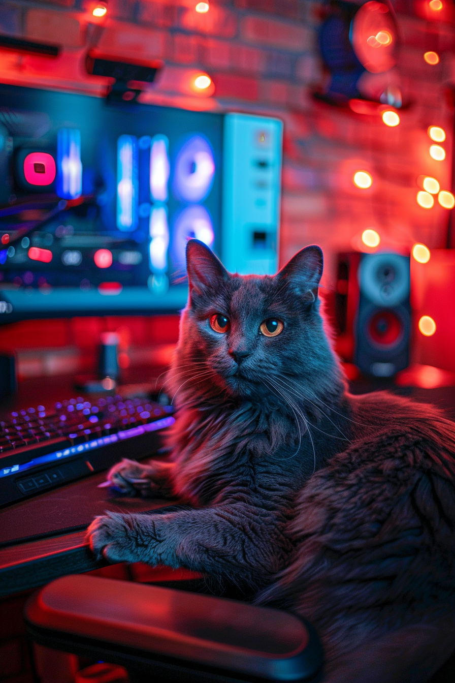 Cat gaming at a computer with RGB lights and headset