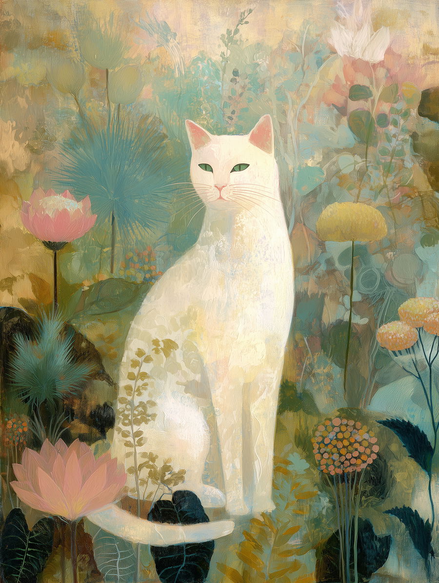 Dreamy cat in a lush garden, gazing at viewer