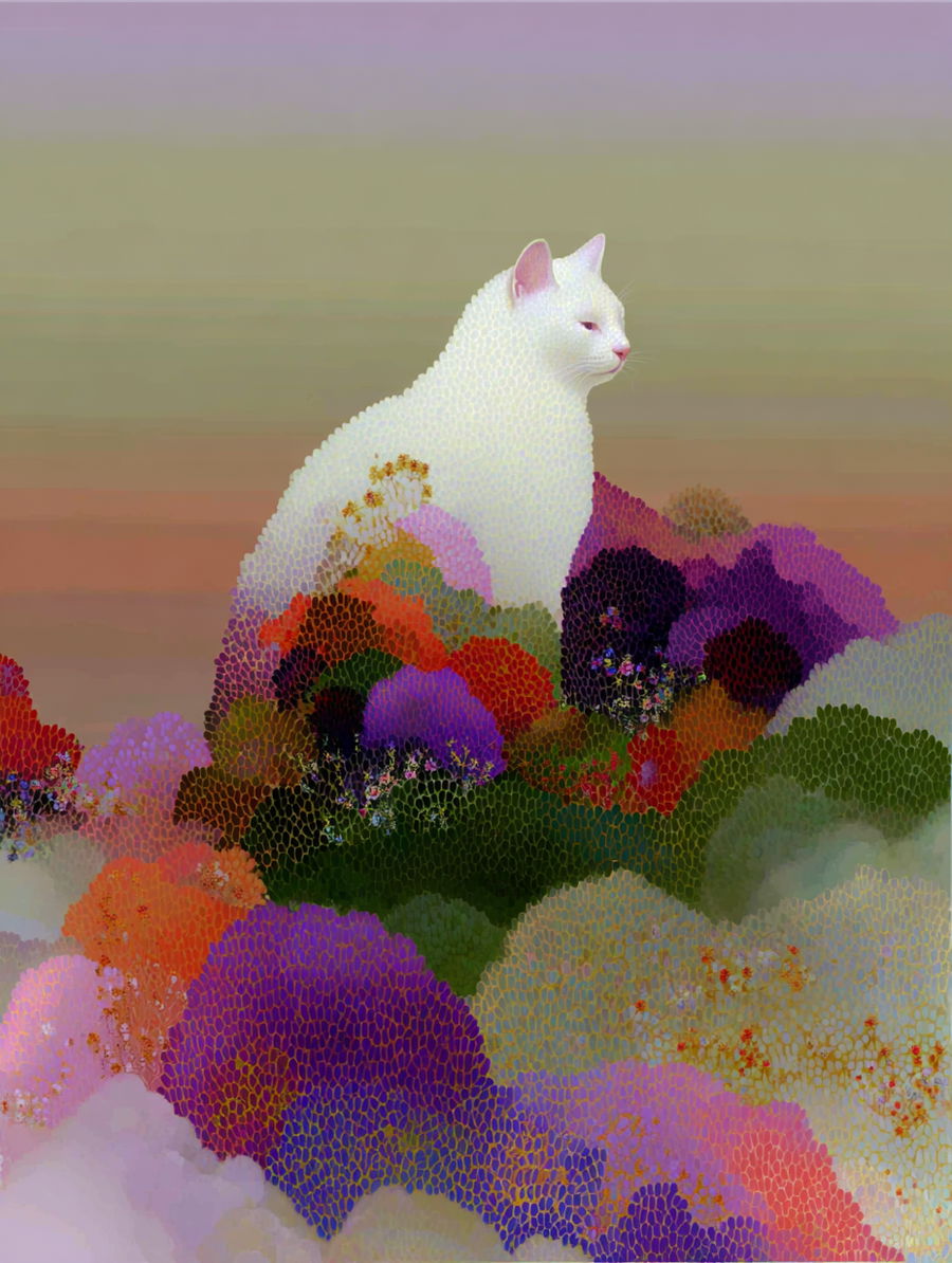Fantasy cat lounging in a vibrant garden on clouds