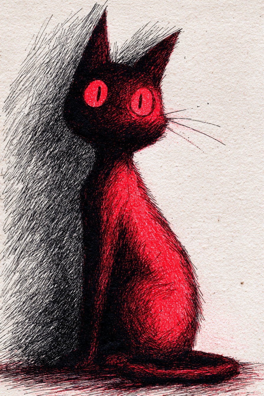 Cat-girl with crimson background and glossy eyes sketch