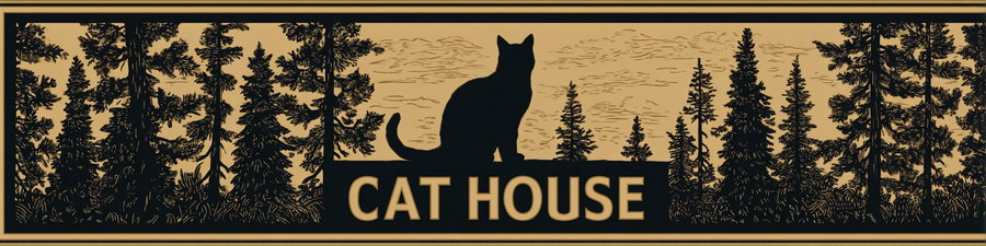 Bronze sign with trees and cat reading "CAT HOUSE"