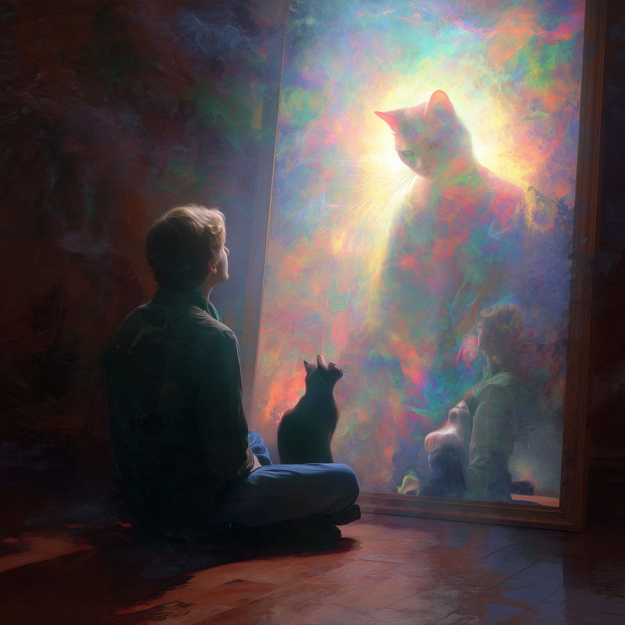 Cat and human gazing in mirror with glowing chakras