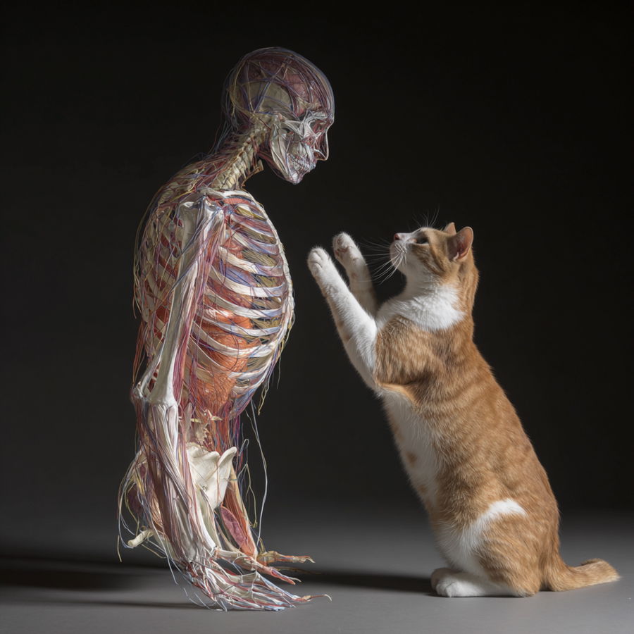 Cat and human body blending in a whimsical scene
