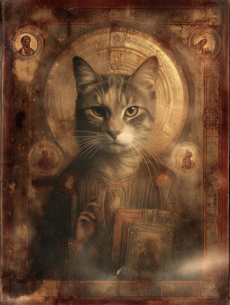 Cat portrait in Byzantine style with golden halo and ornate background