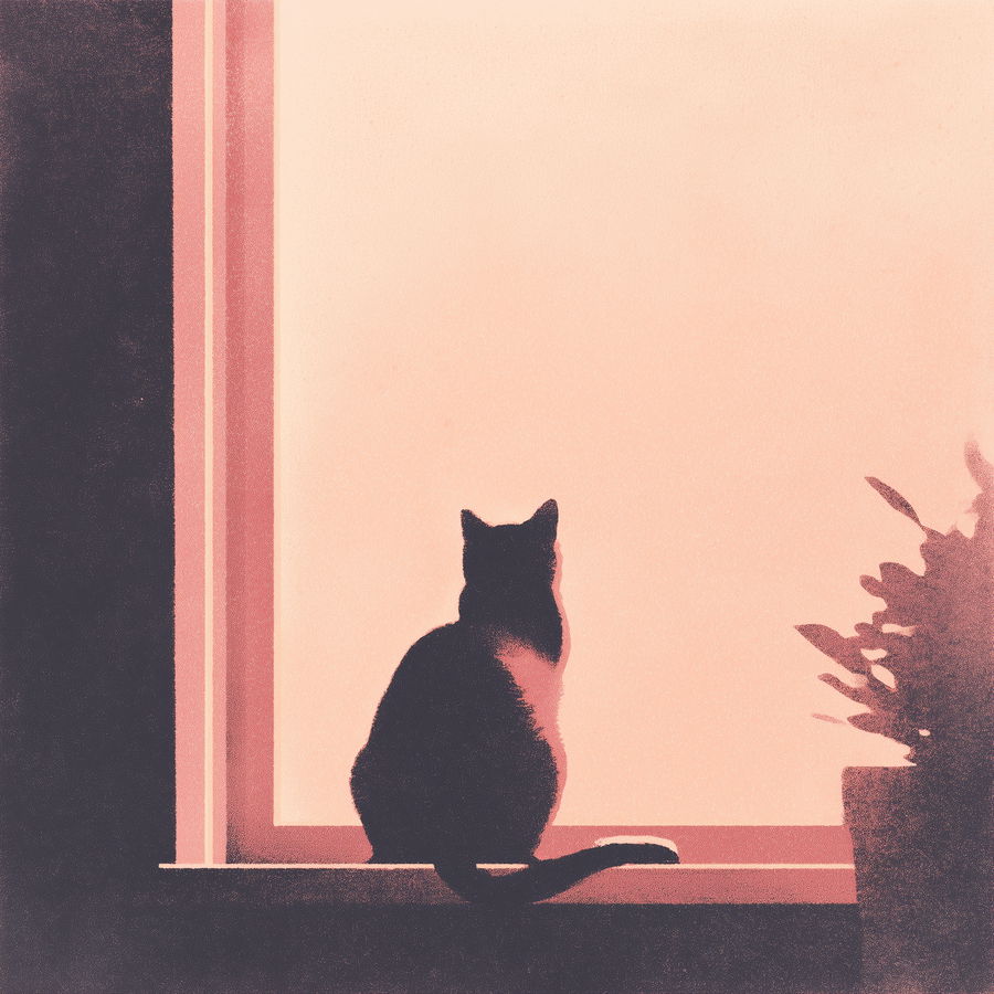 Cat sitting on windowsill with soft pink background