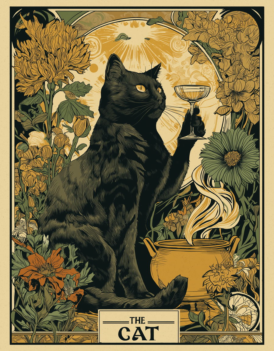 Black cat by cauldron, cocktail glass raised, mystical background