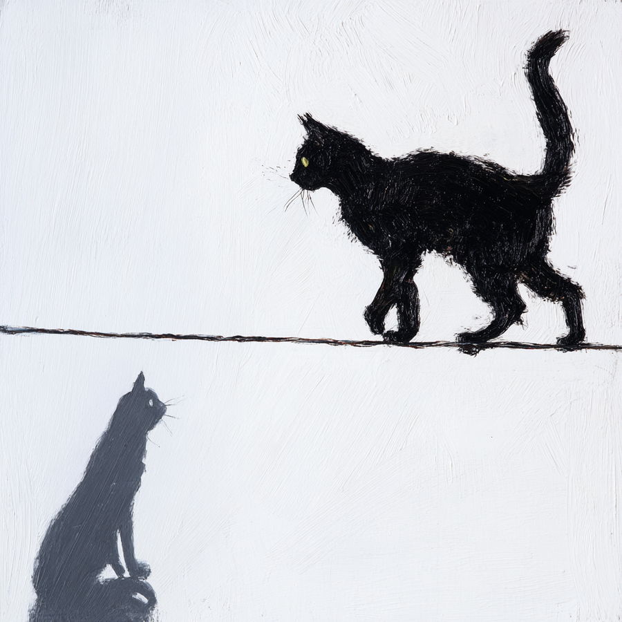 Black cat walking on wire with raised tail