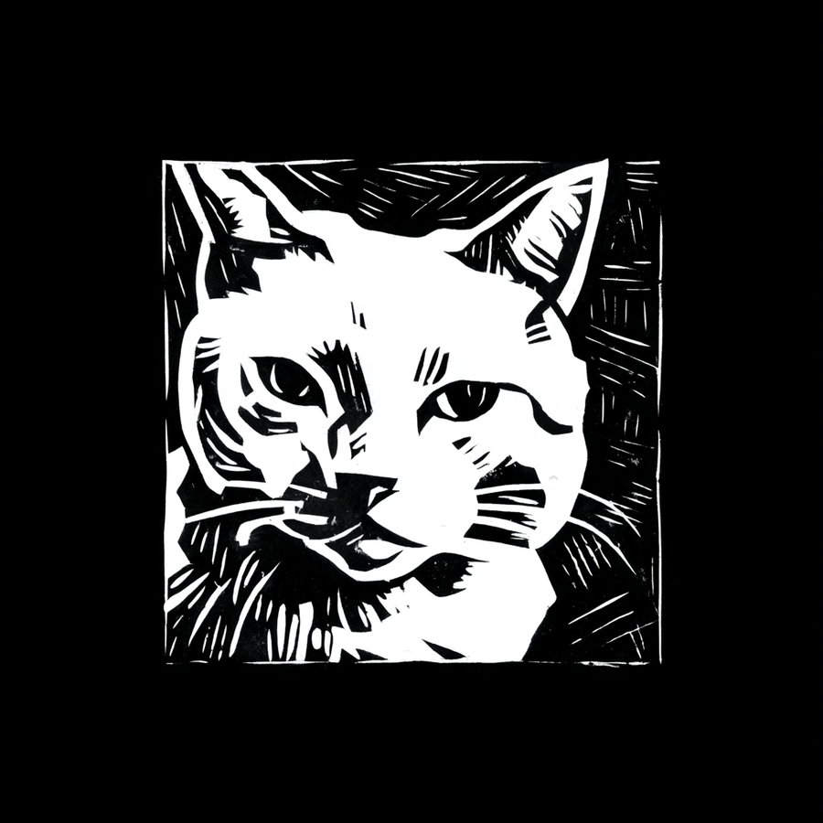 Bold black and white lino print of a white cat
