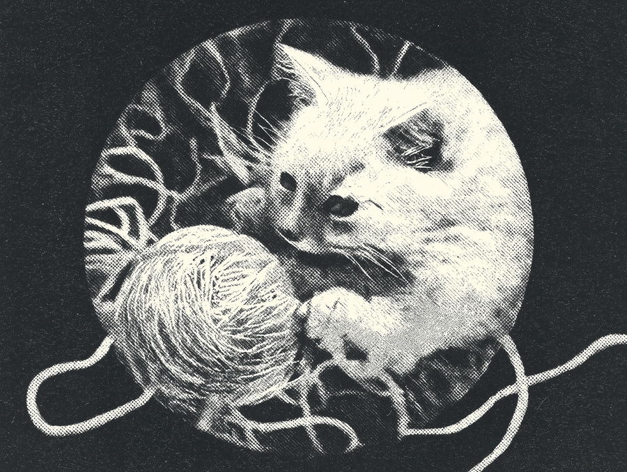 Gray risograph print of a playful cat tangled in yarn