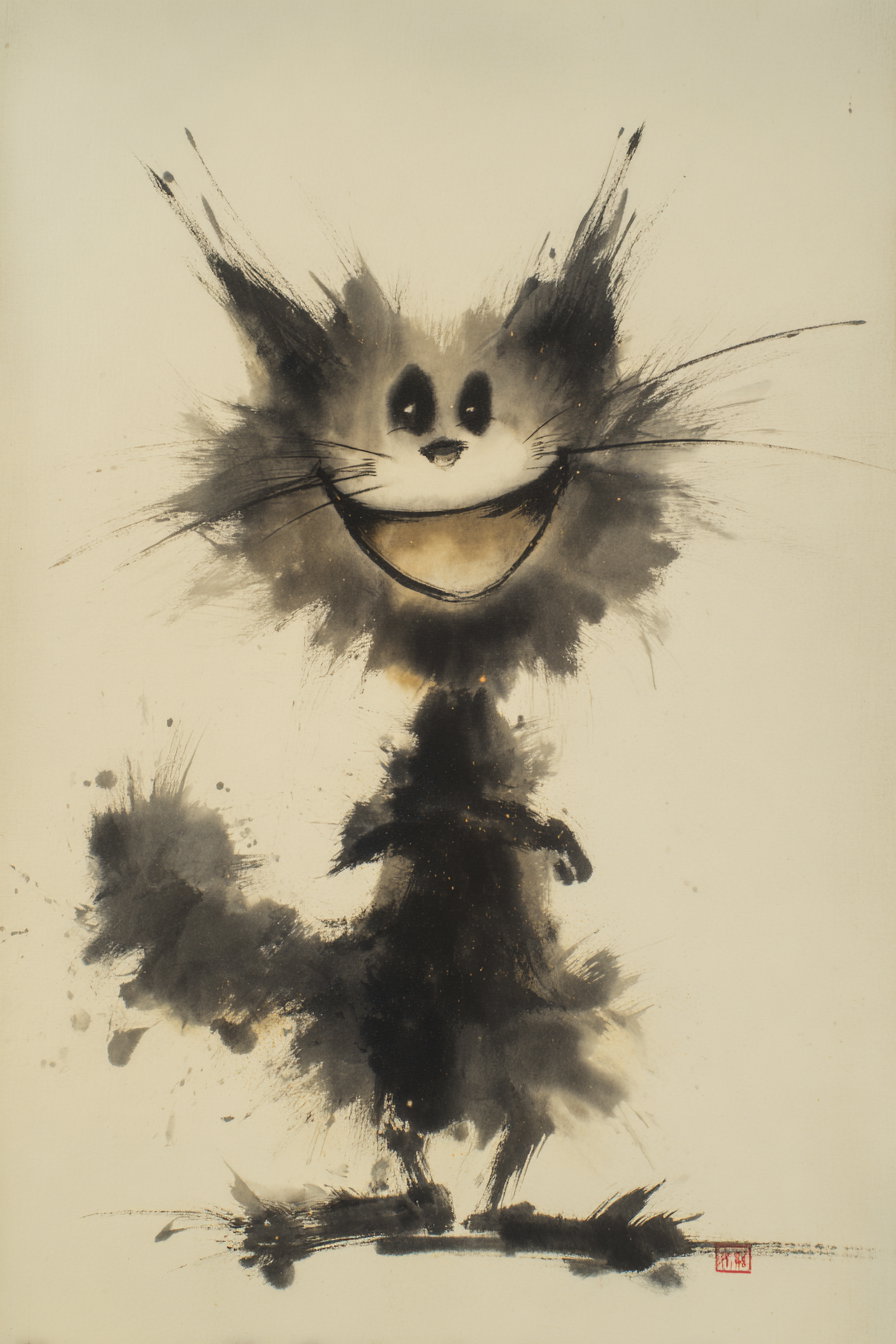 Playful anthropomorphic cat in Wu Guanzhong-style ink painting