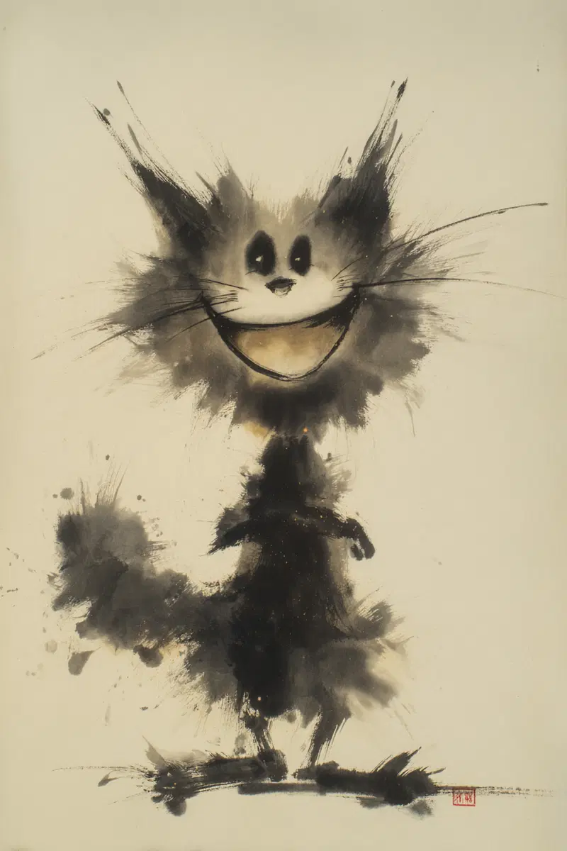 Playful Anthropomorphic Cat Ink Painting Aesthetic Inspiration