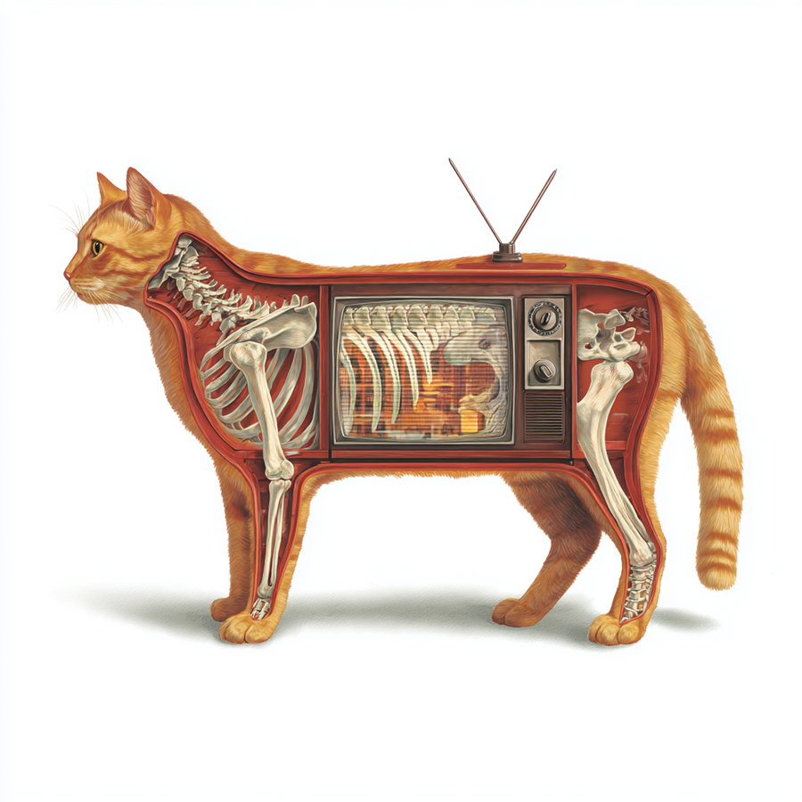 Ginger cat cross section with retro TV displaying static