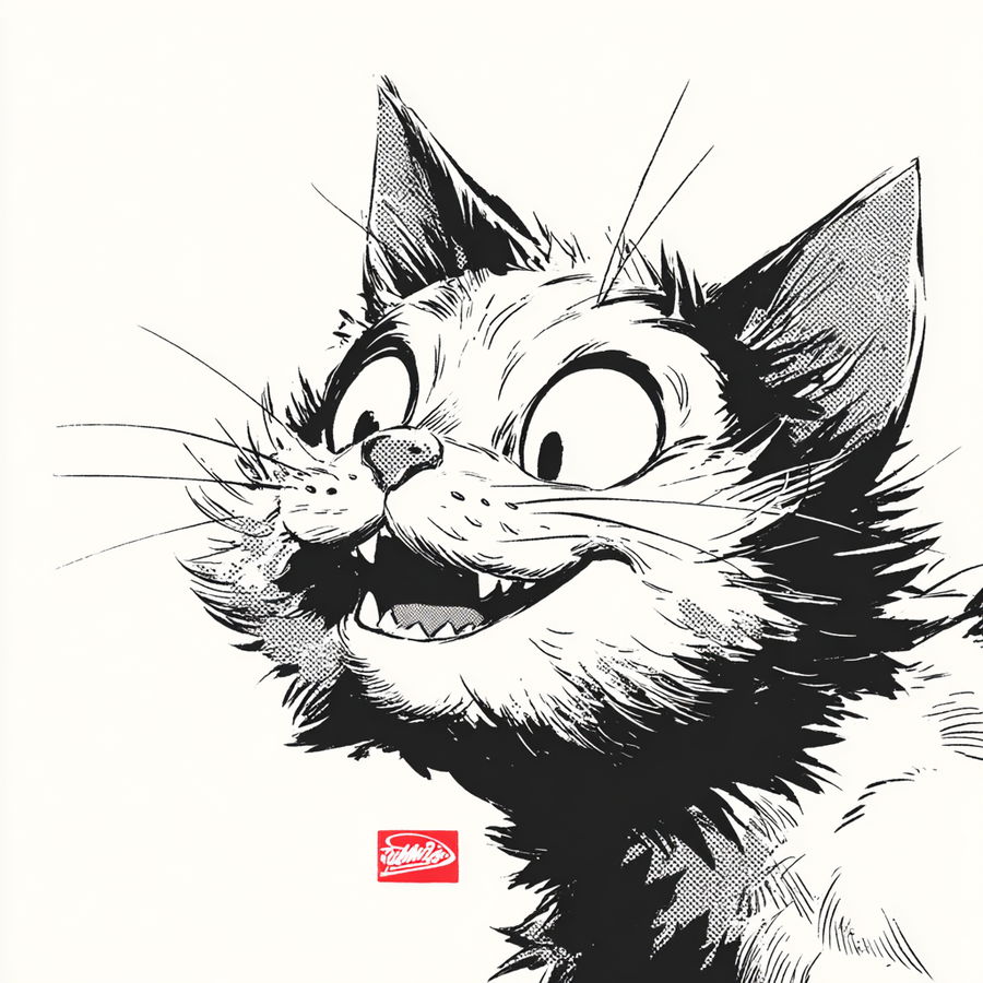 Playful cat head logo in retro Japanese cartoon style