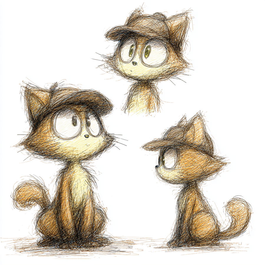 Anthropomorphic cat in police hat, cartoon style, three views
